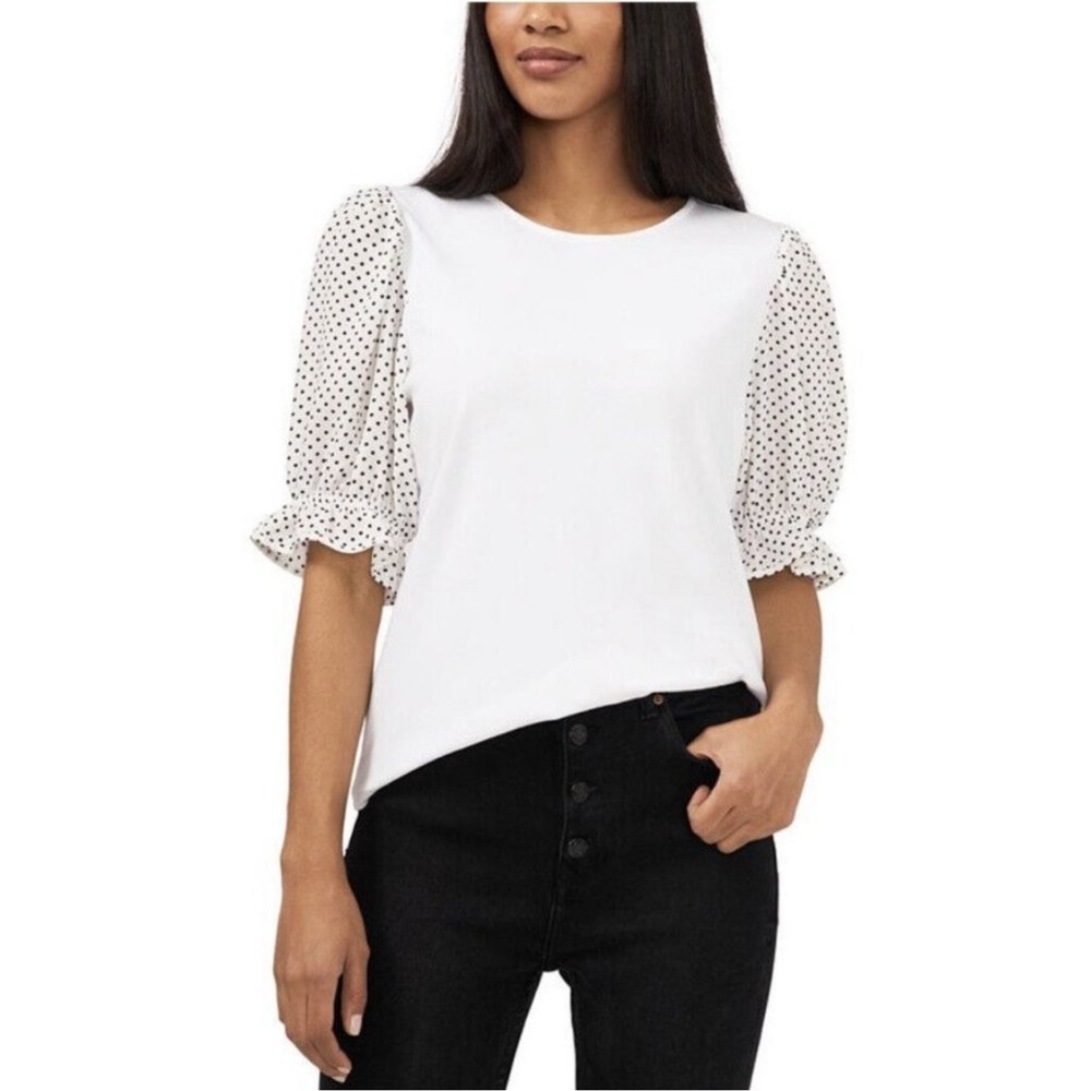RILEY & RAE Polka-Dot Puff-Sleeve Blouse white size S - Picture 1 of 6